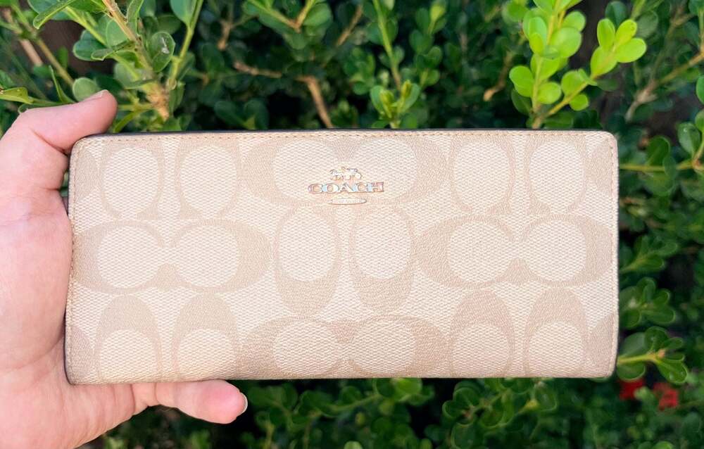 Coach Beige Signature Logo Canvas Long Slim Bifold Wallet